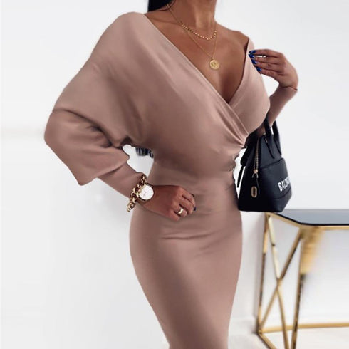 Long sleeve check one-step skirt V-neck hip dress